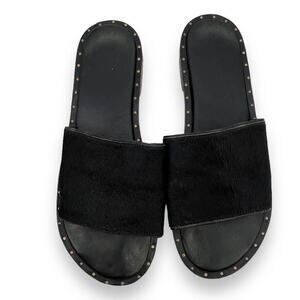 Ala Pilar Black Leather Studded Slip On Sandals w/ Calf Hair Strap Women's 40